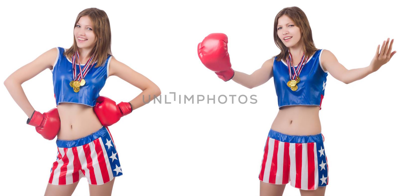 Young female boxer with gold medal isolated on white by Elnur