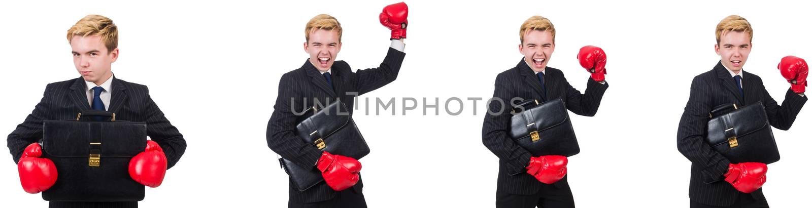 Young employee with boxing gloves isolated on white 