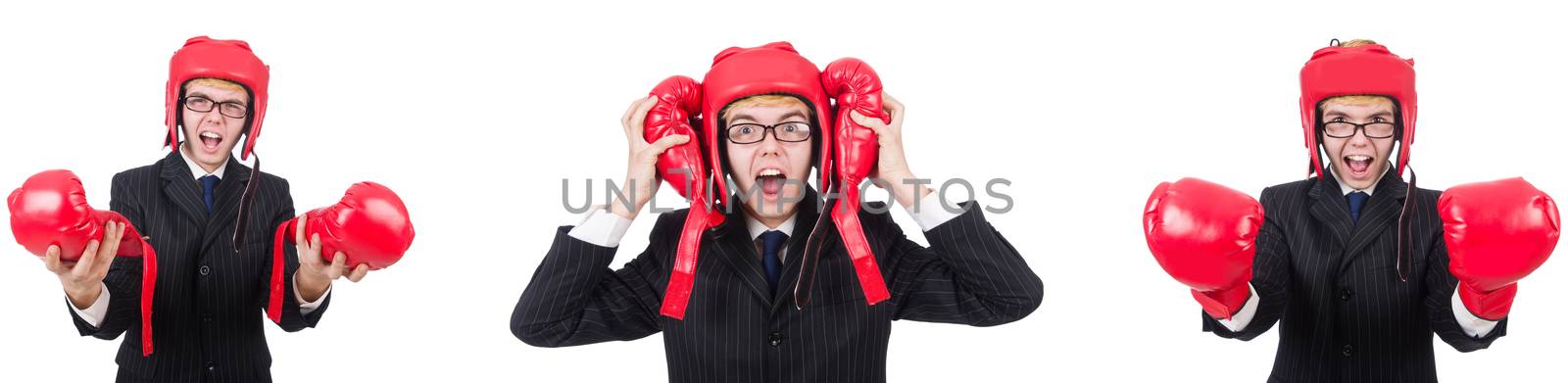 Young employee with boxing gloves isolated on white  by Elnur