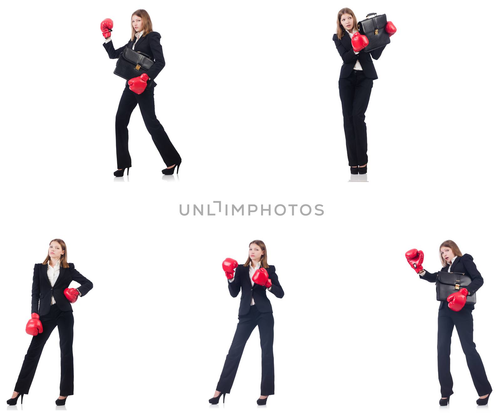 Businesswoman with boxing gloves isolated on white by Elnur