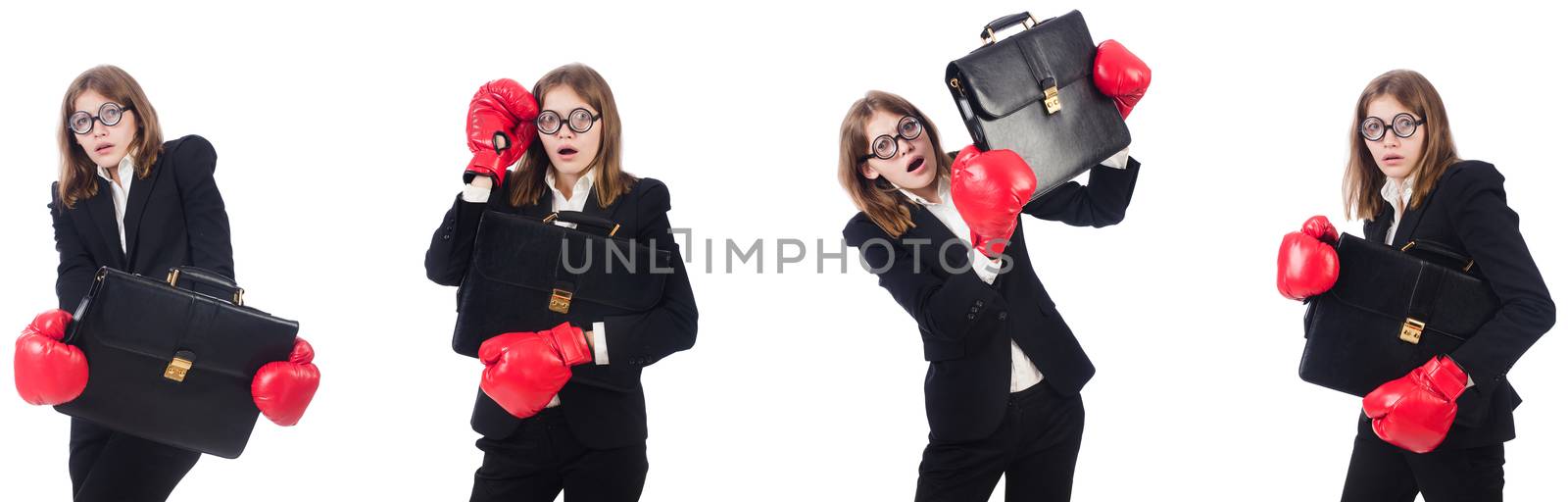 Funny female employee boxer isolated on white 