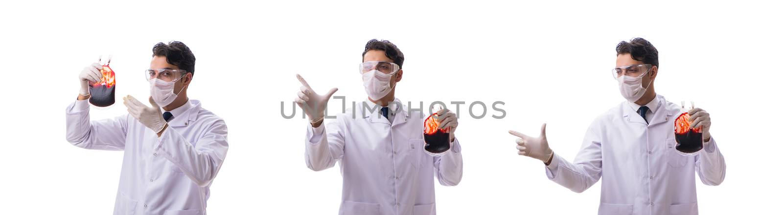 Doctor in blood donation concept isolated on white