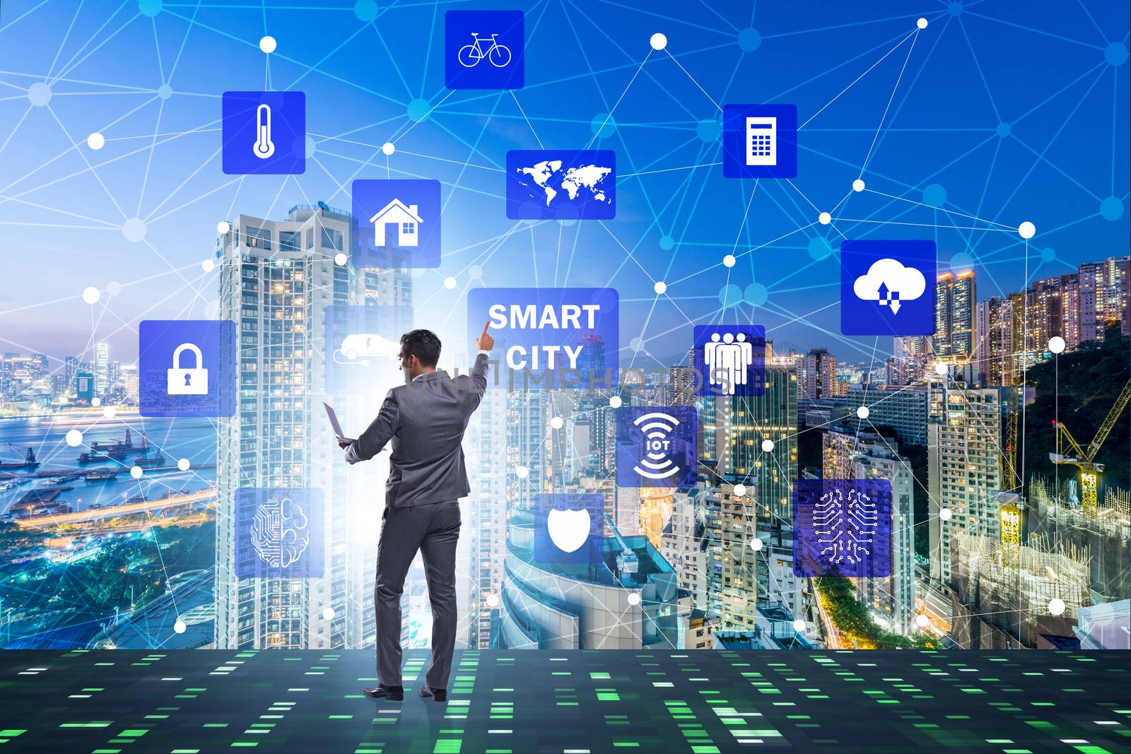 Concept of smart city with businessman pressing buttons by Elnur