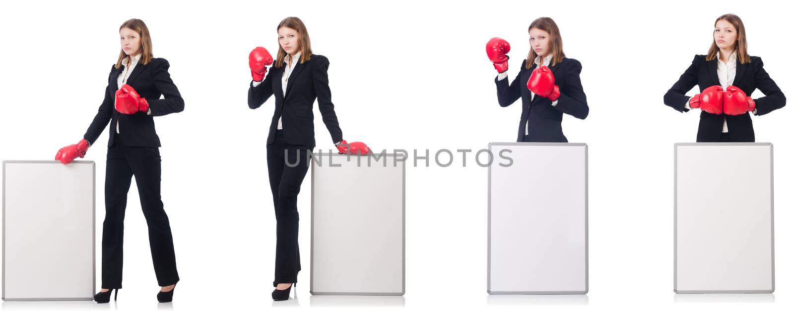 Woman boxer with blank board on white 