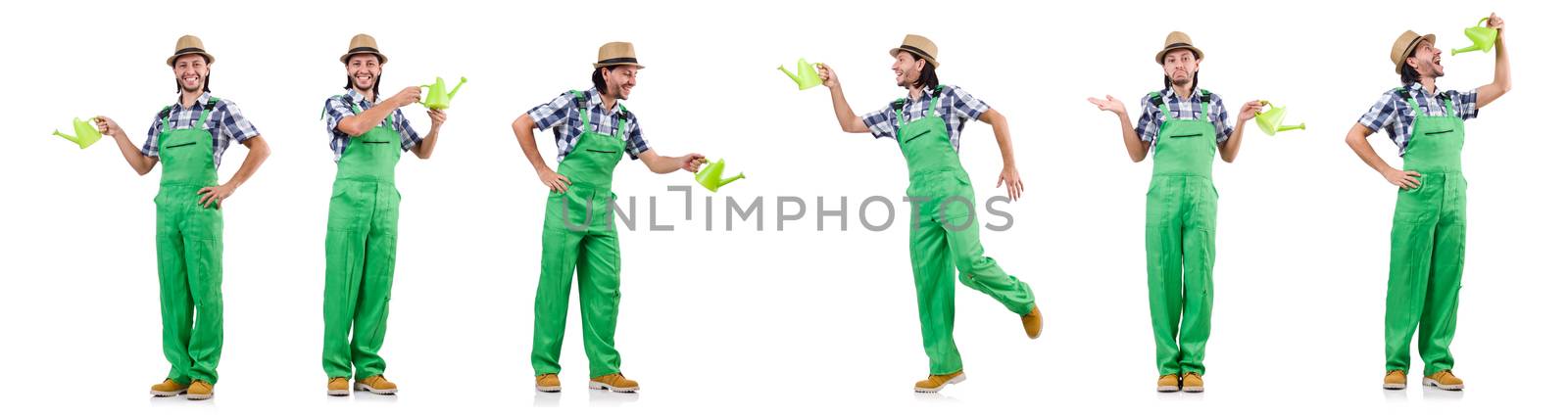 Young cheerful gardener with watering can isolated on white