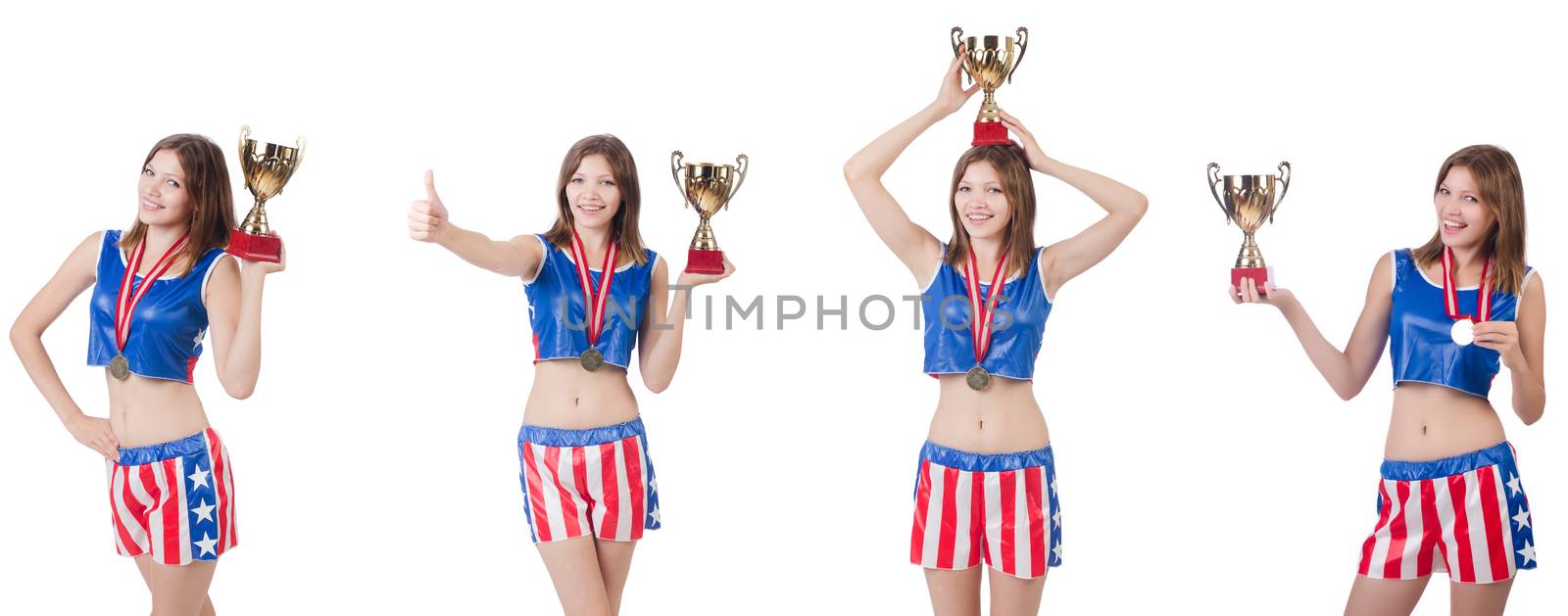 Young female boxer with cup isolated on white 