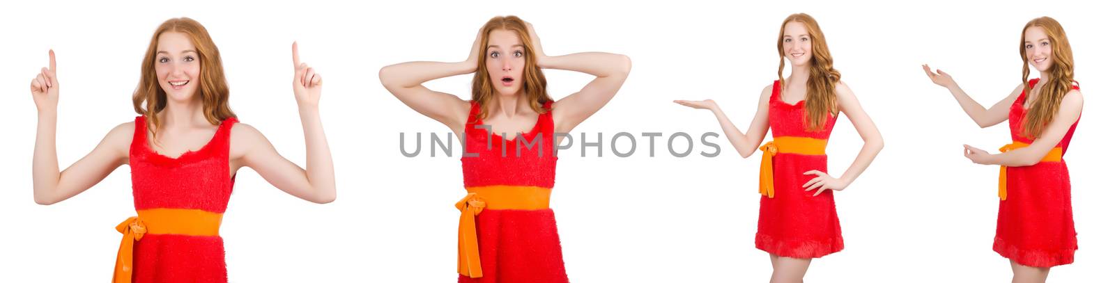 Young beautiful girl in red dress pointing isolated on white by Elnur