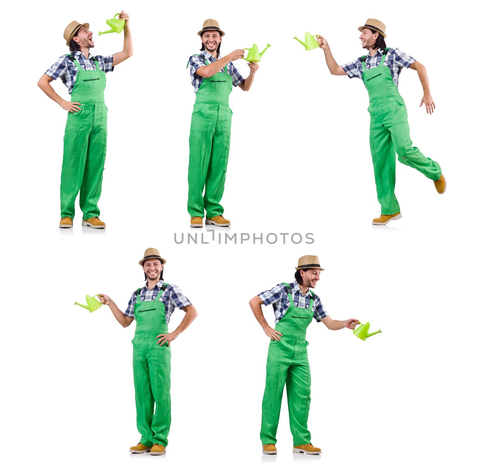 Young cheerful gardener with watering can isolated on white