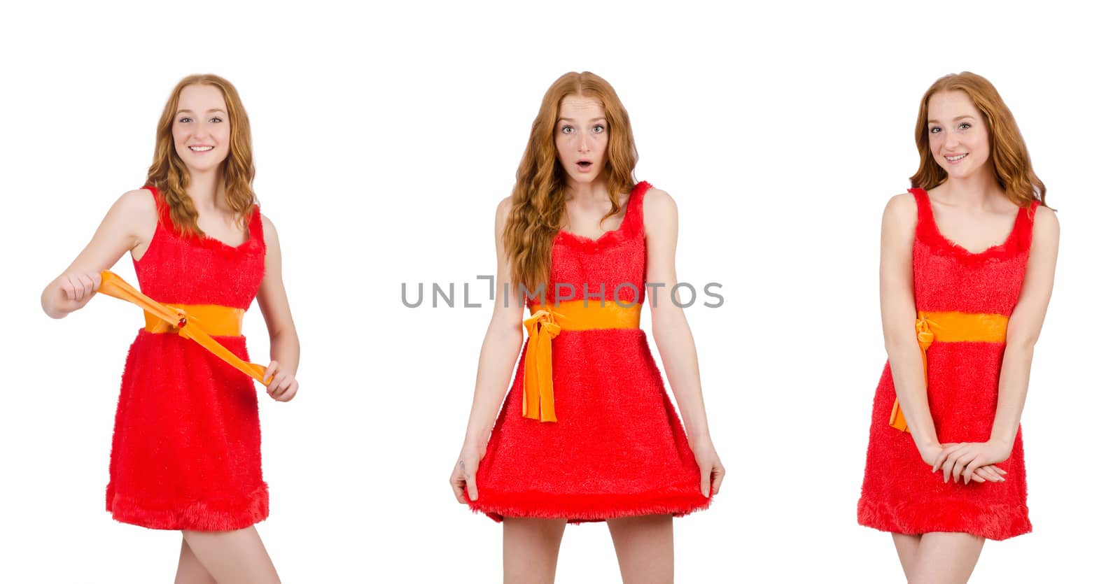 Pretty young girl in red dress isolated on white