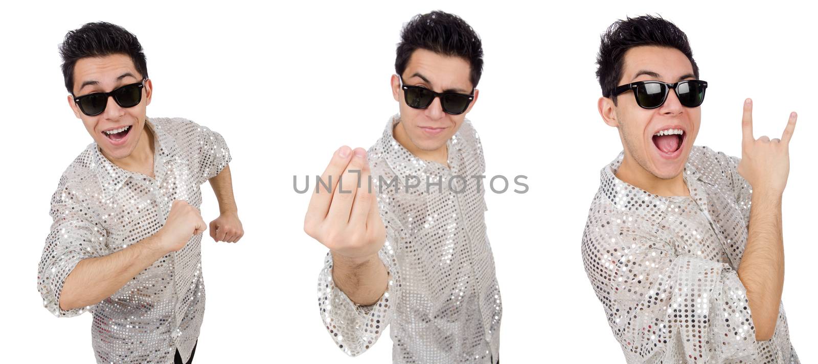 Young man in silver shirt isolated on white