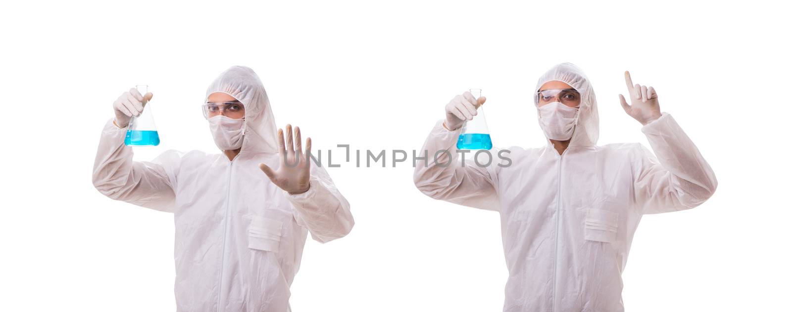 Chemist working with radioactive substances isolated on white ba by Elnur
