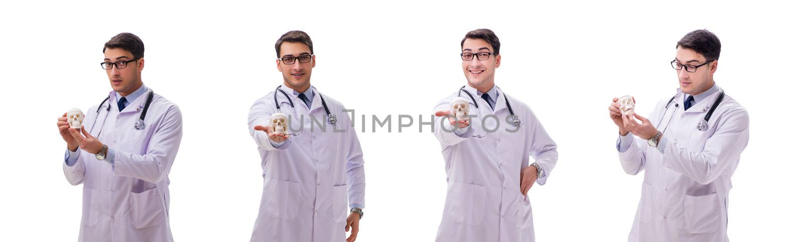 Yong male doctor with skeleton isolated on white by Elnur