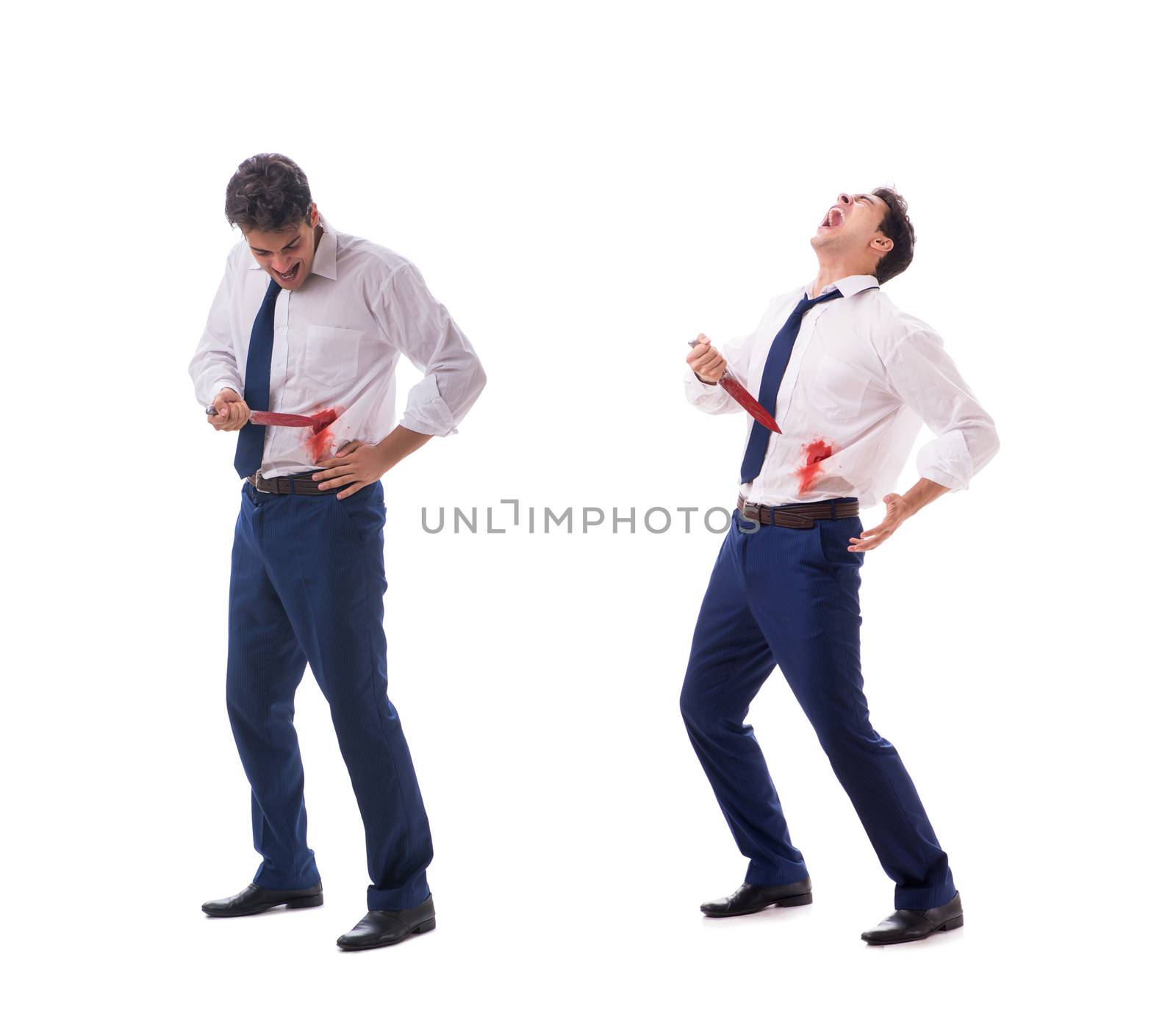 Wounded businessman with blood stains isolated on white background