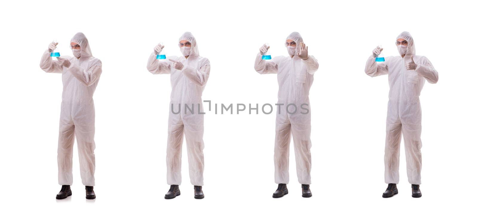 Chemist working with poisonous substances isolated on white background
