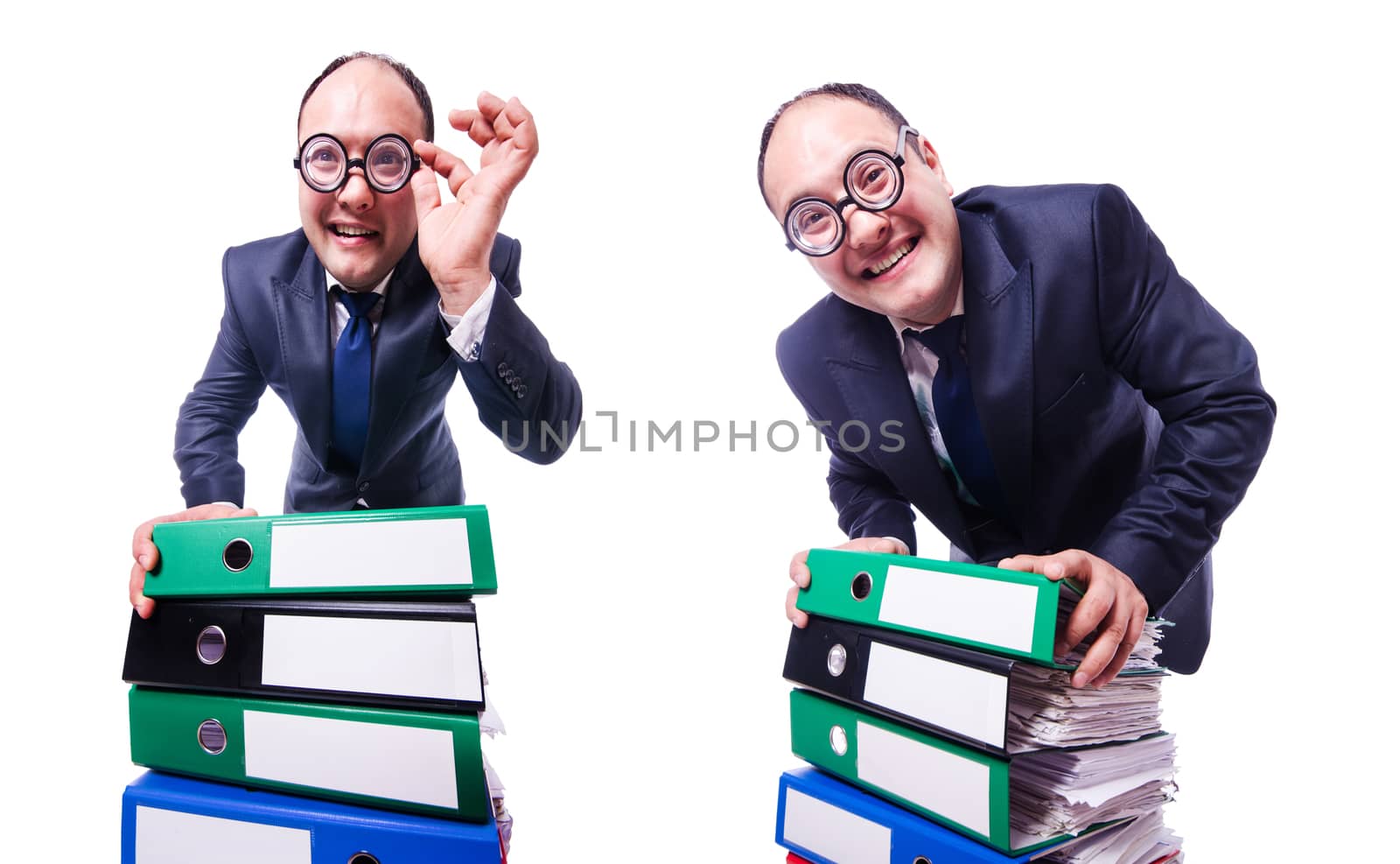 Funny man with lots of folders on white