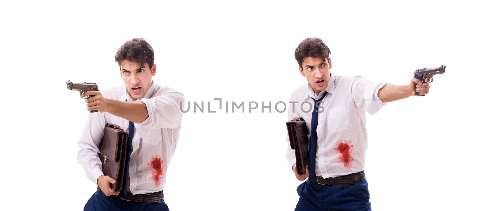 Businessman wounded in gun fight isolated on white by Elnur