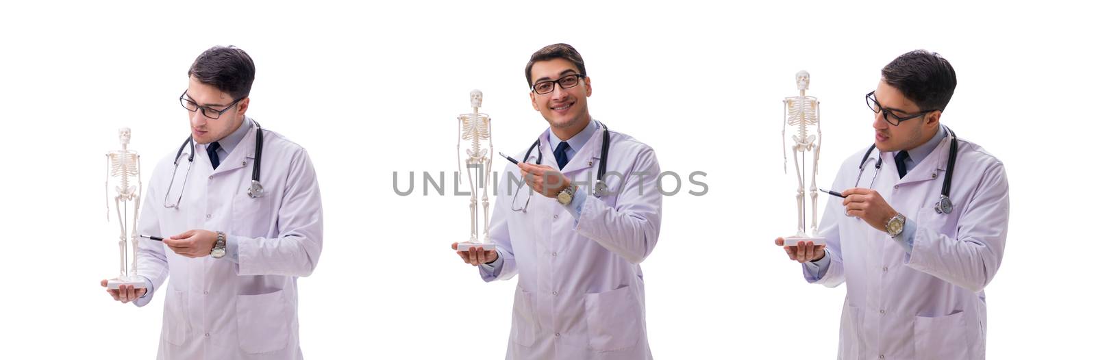 Young male doctor with skeleton isolated on white