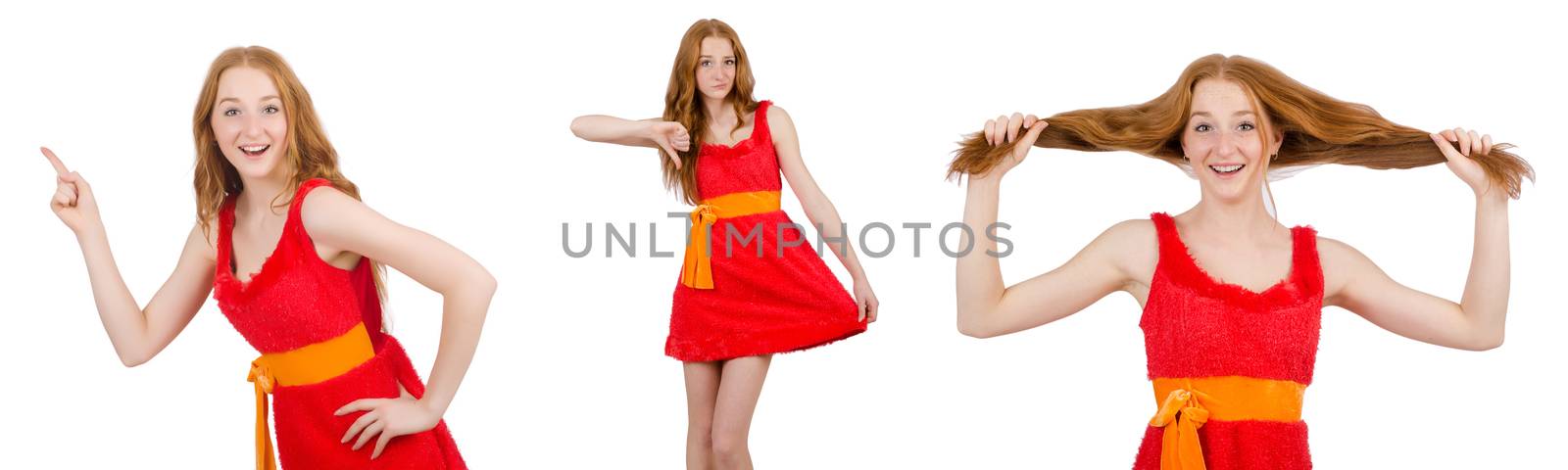 Young beautiful girl in red dress pointing isolated on white by Elnur