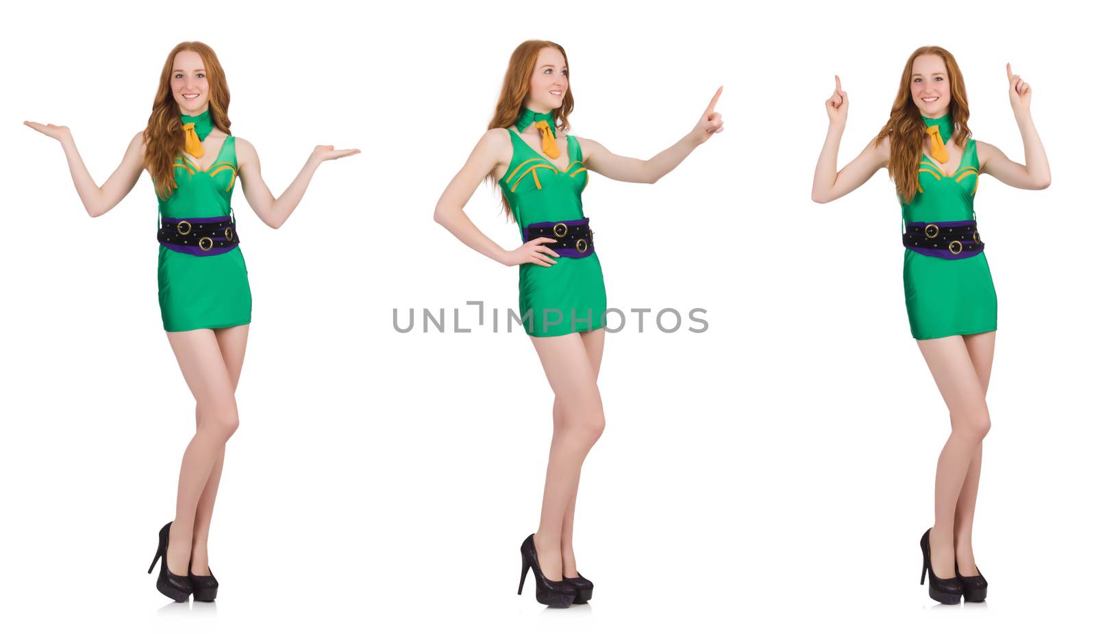 Young sexy girl in green dress isolated on white