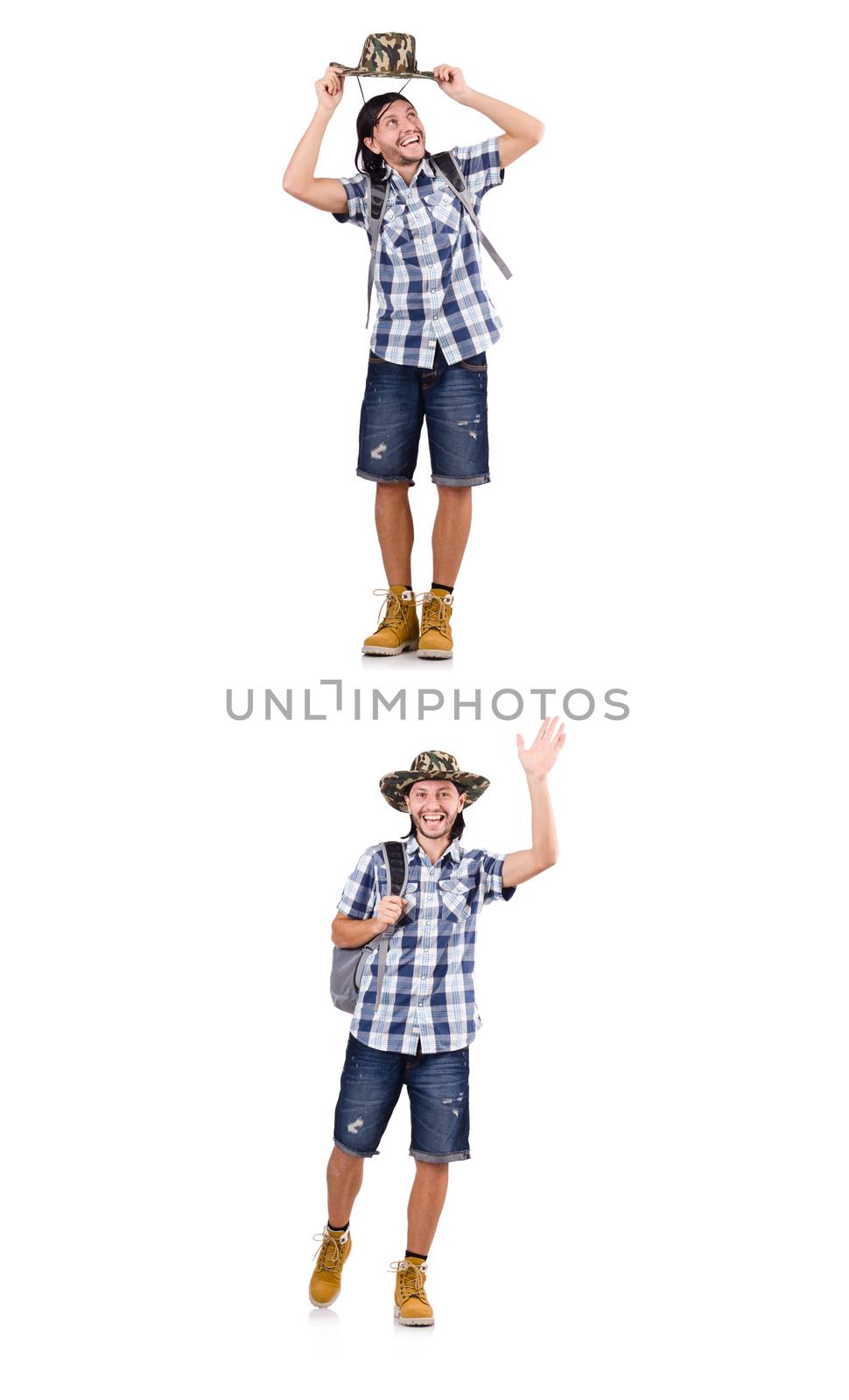 Young traveller with backpack isolated on white