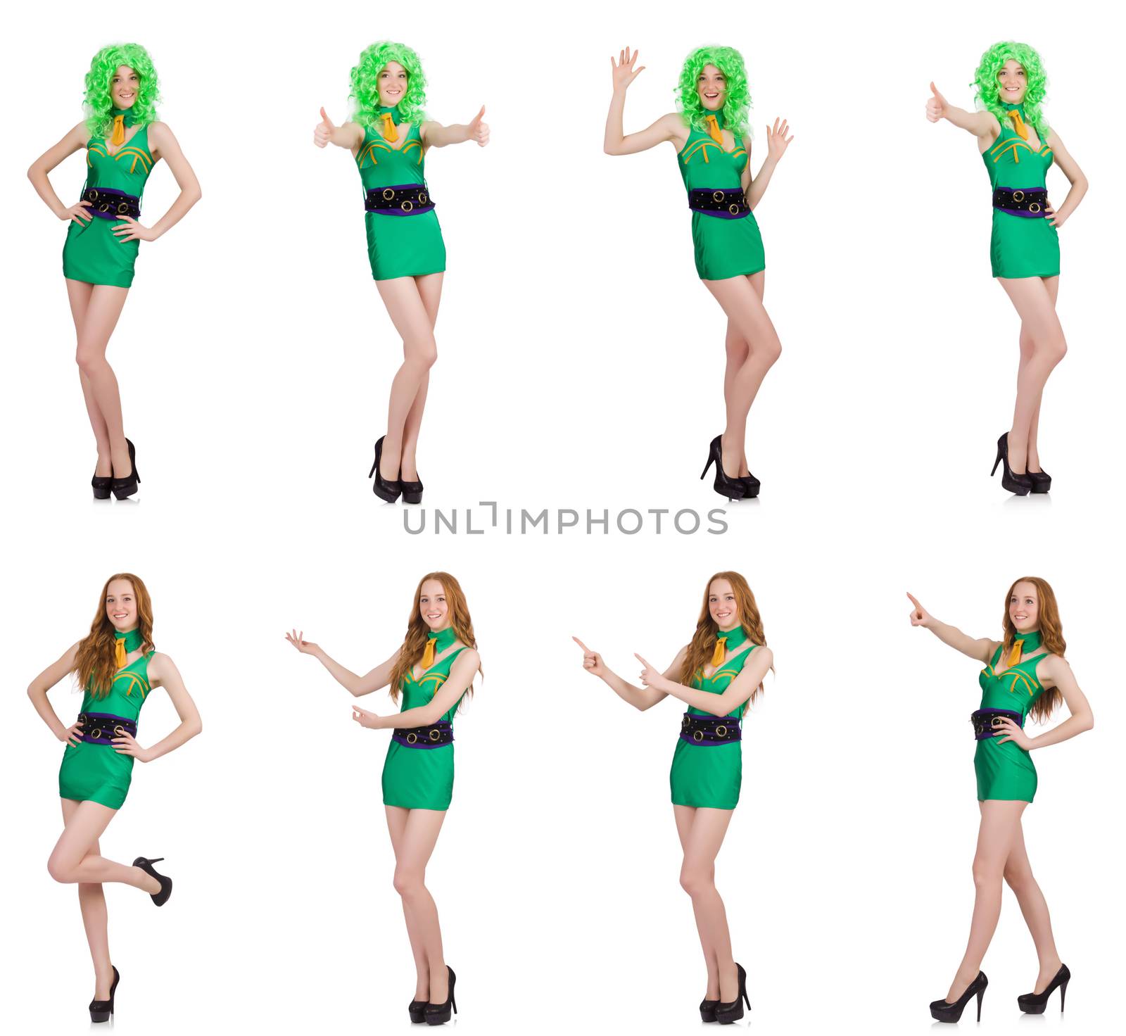 Young woman in green mini dress isolated on white