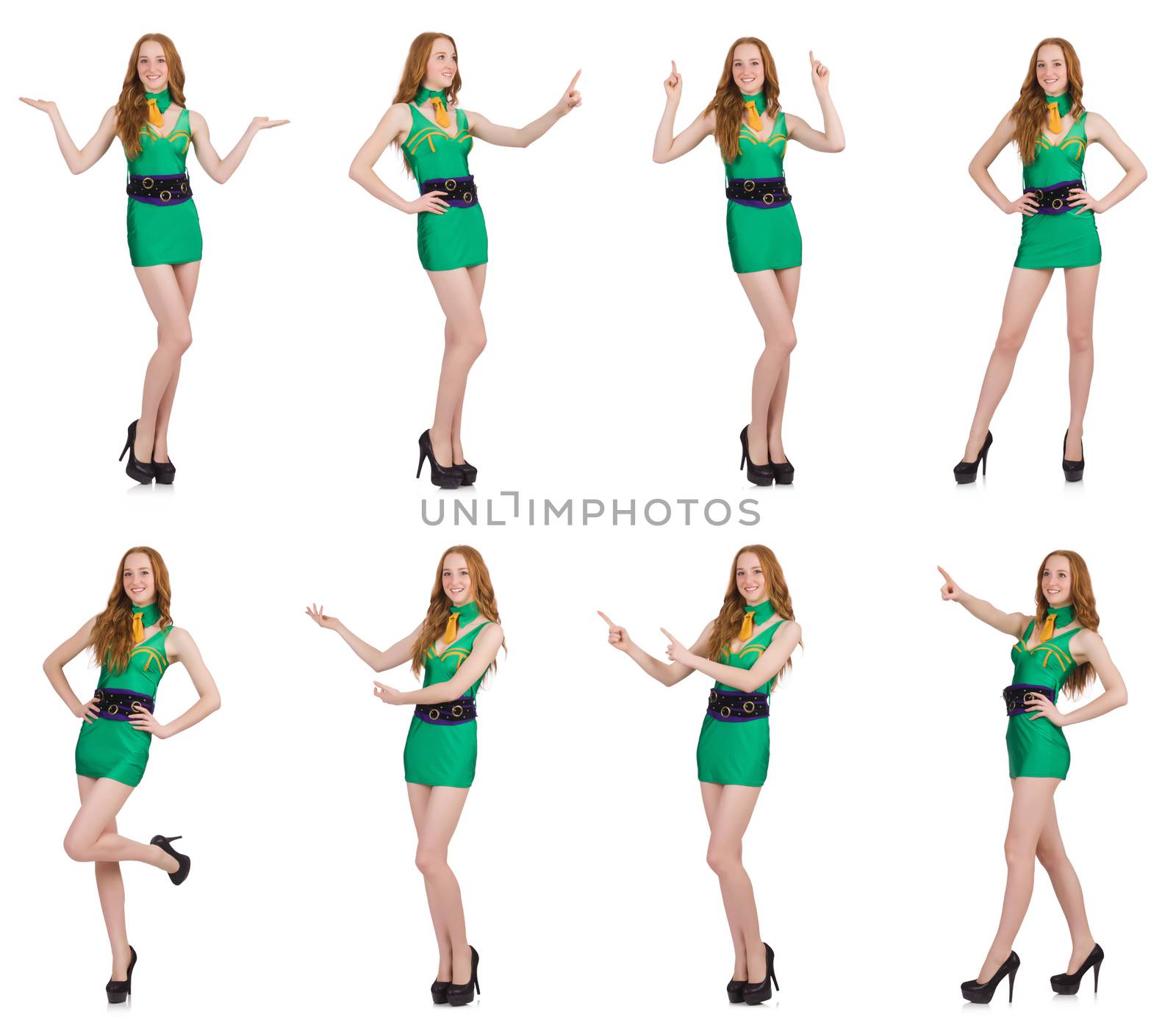 Young sexy girl in green dress isolated on white