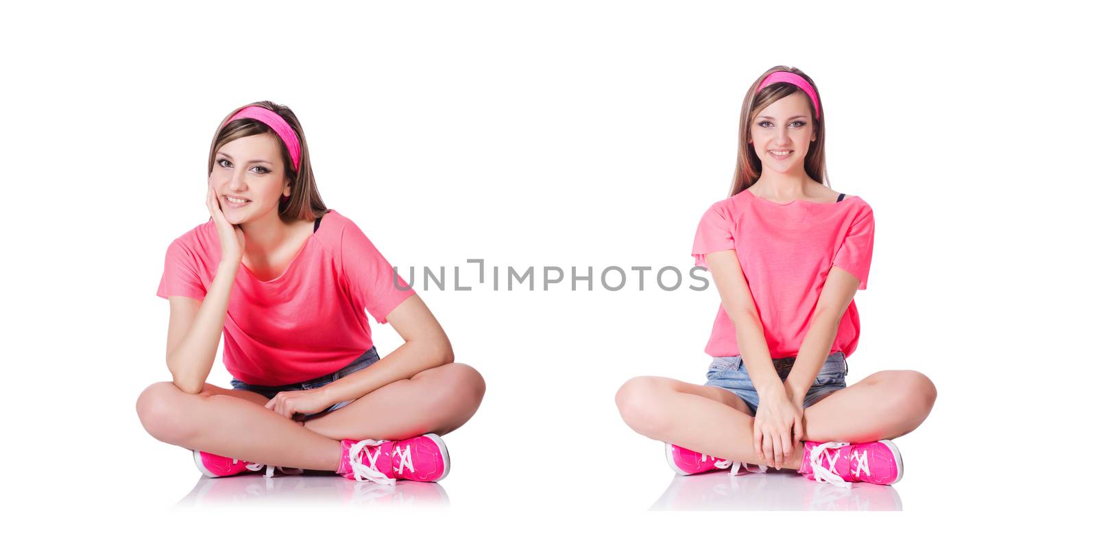 Young woman doing exercises on white by Elnur