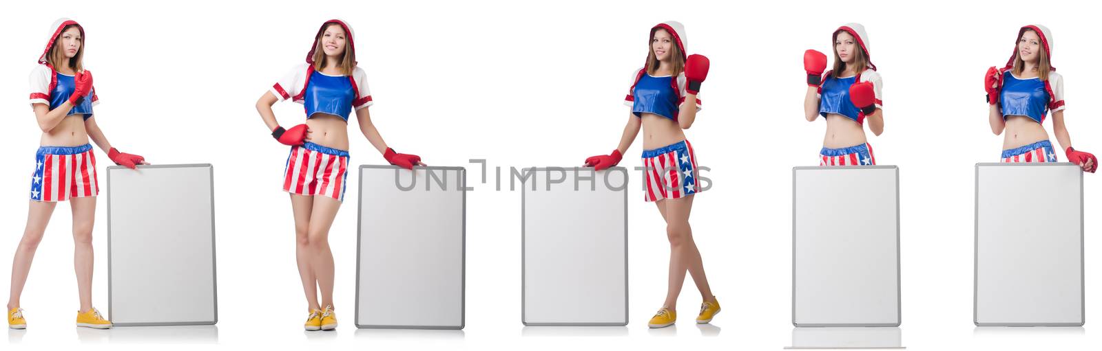 Female boxer with board isolated on white  