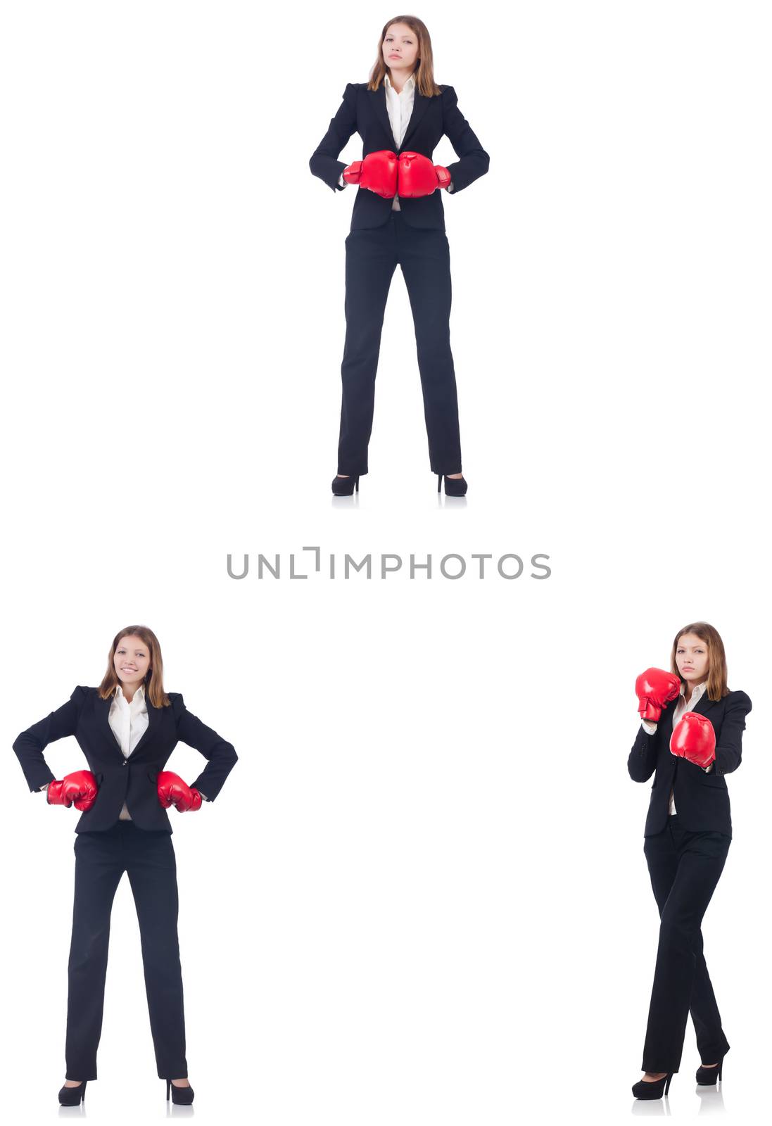 Businesswoman with boxing gloves isolated on white 