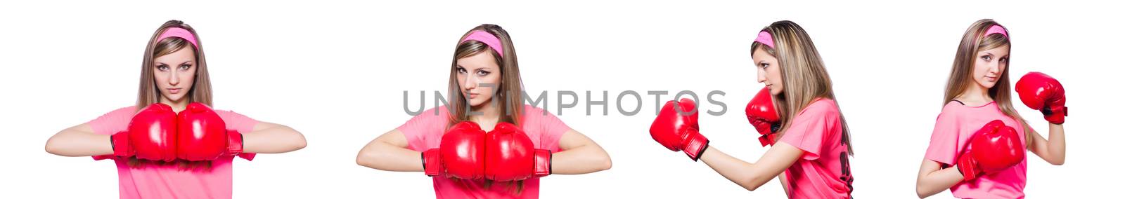 Young lady with boxing gloves on white