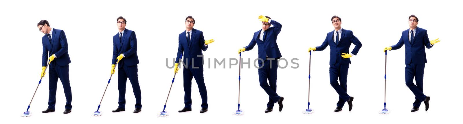 Young handsome businessman with mop isolated on white 