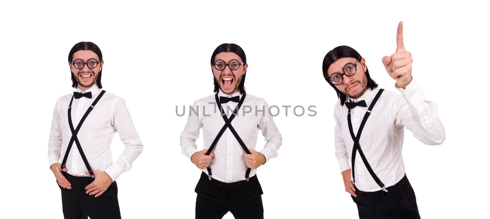 Man wearing suspenders isioated on white by Elnur