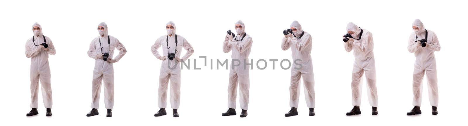 Forensic specialist in protective suit taking photos on white by Elnur