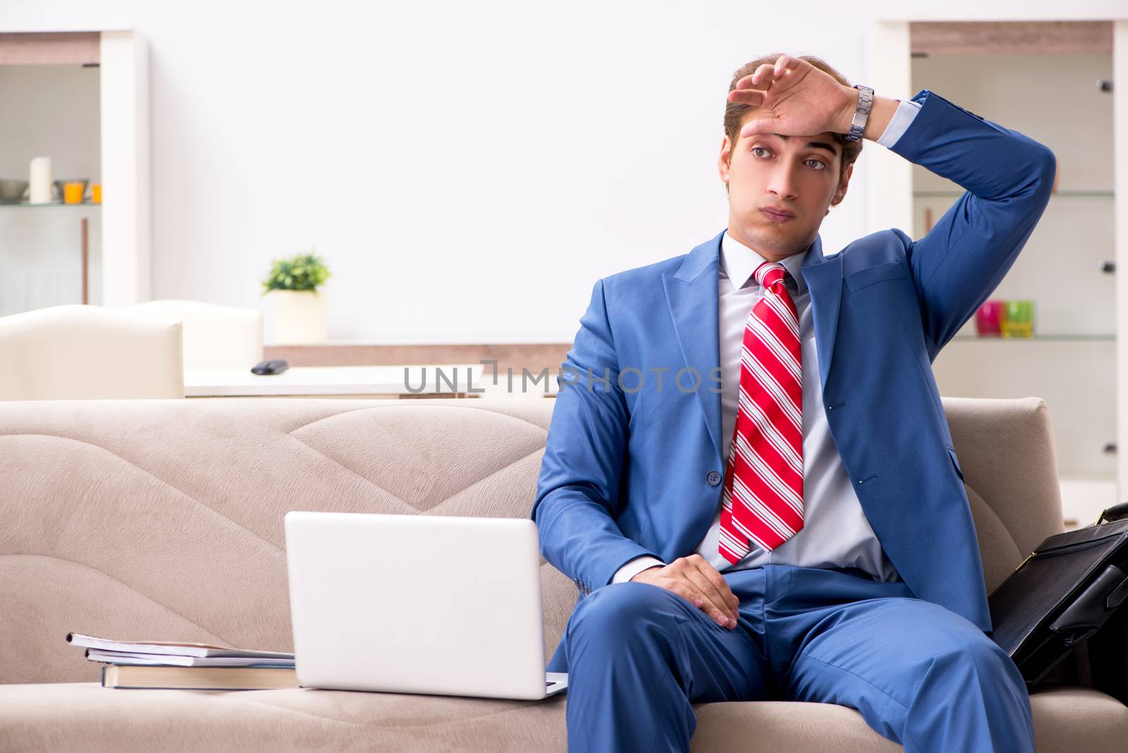 Young businessman working at home sitting on the sofa  by Elnur
