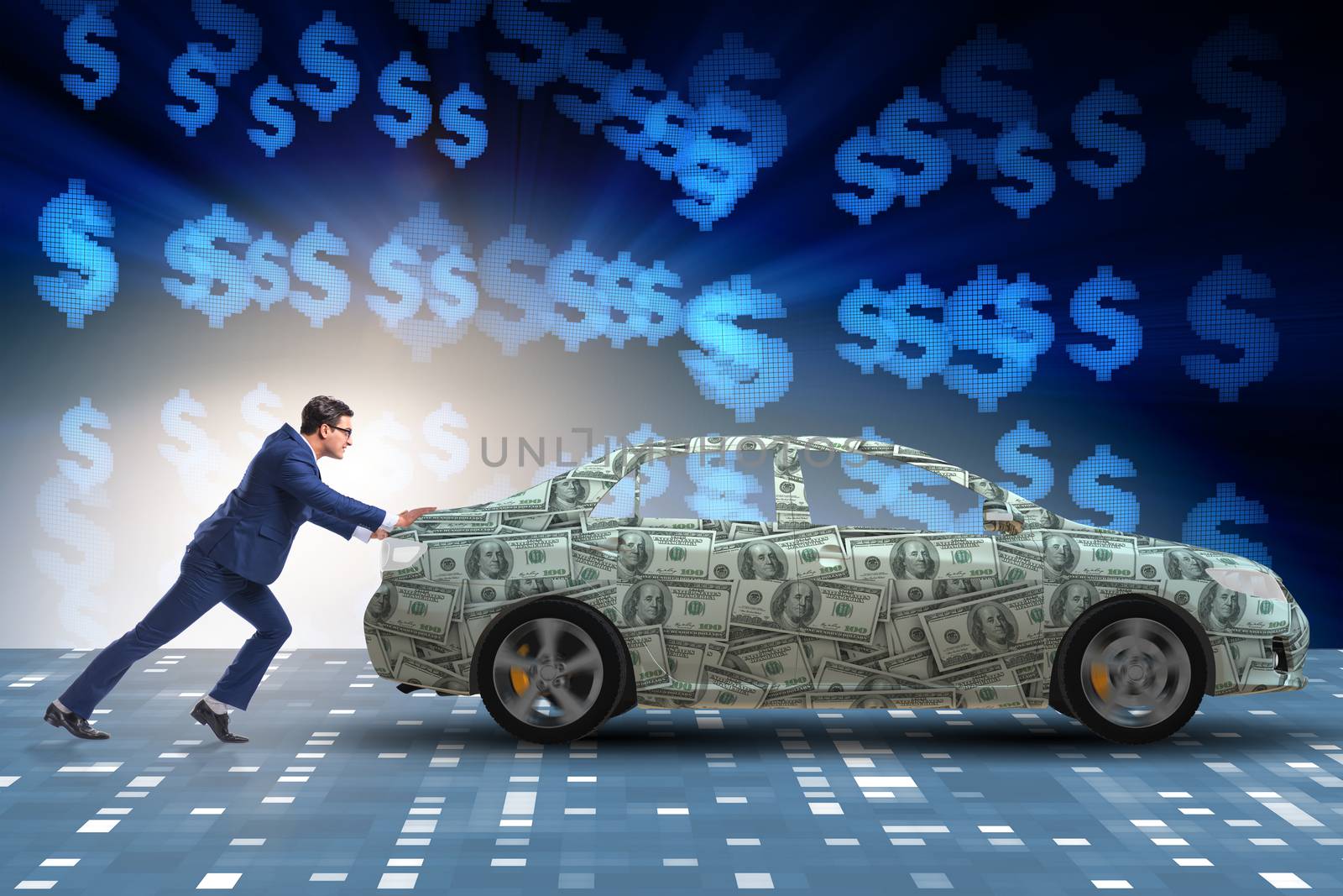 Businessman pushing car in business concept