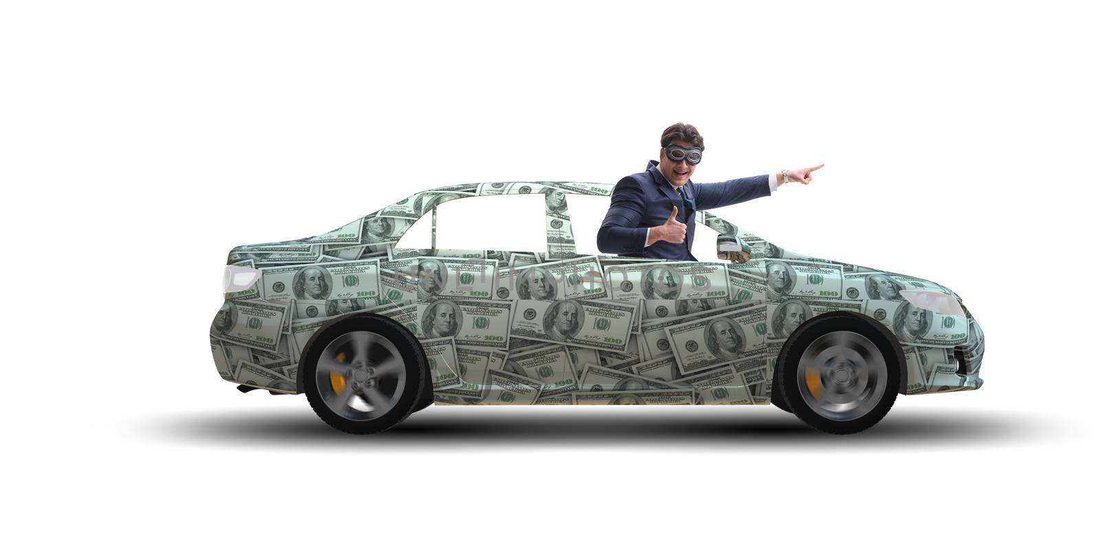 Businessman driving car covered with us dollars by Elnur
