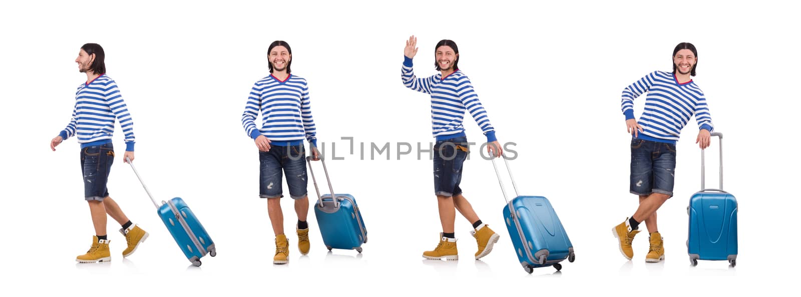 A tourist with bags isolated on white
