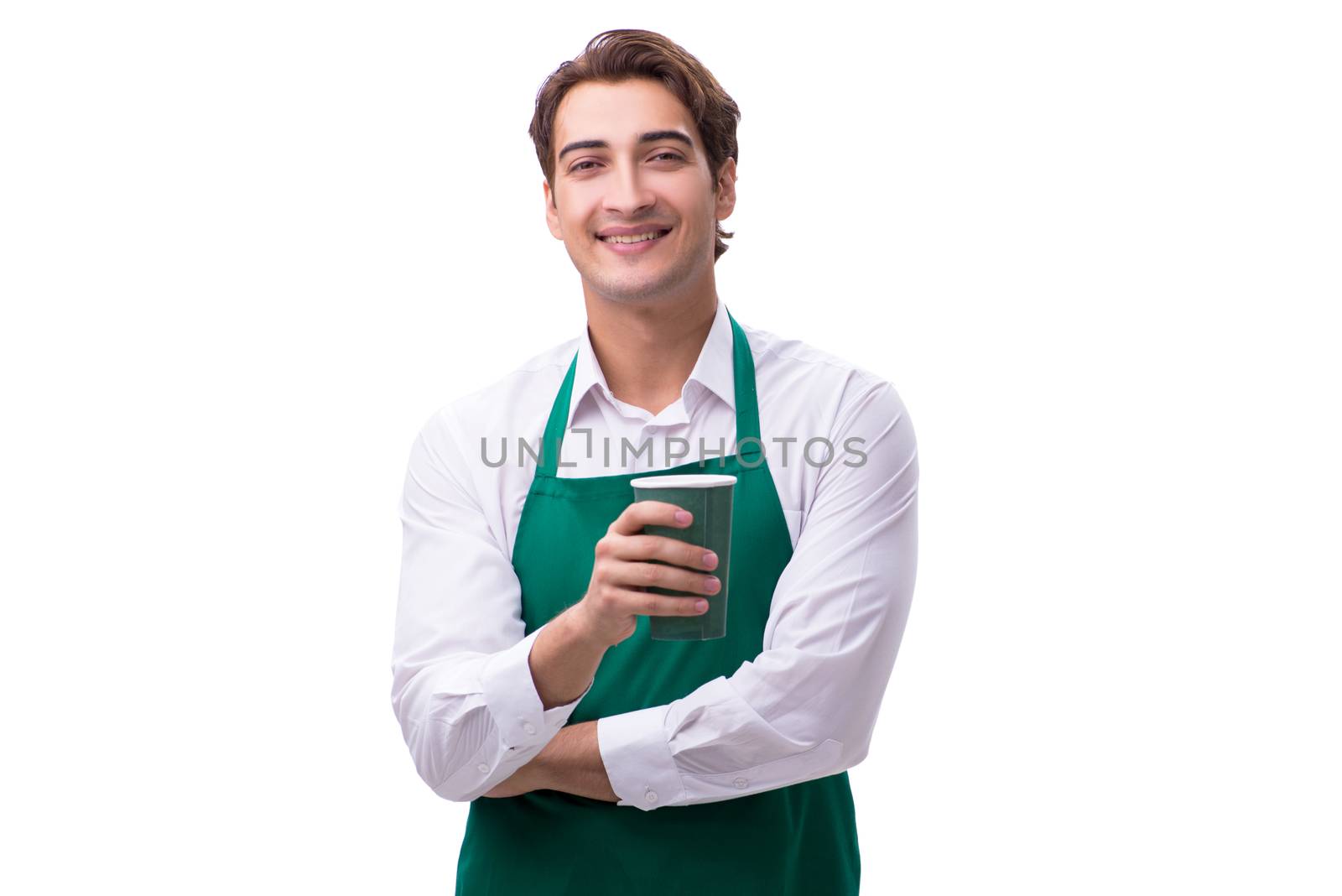 Young barista isolated on white background