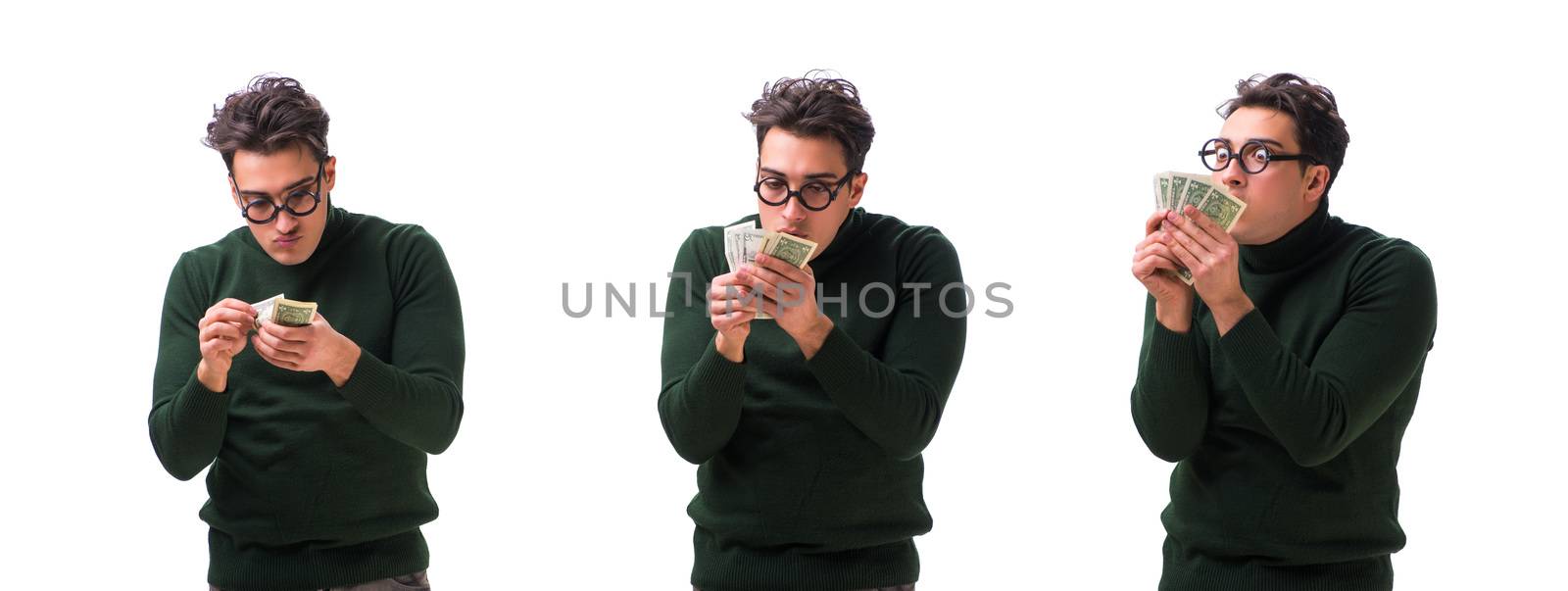 Young man with money isolated on white