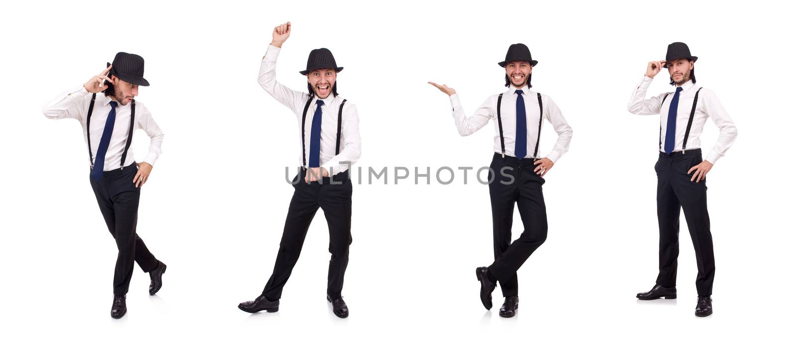 Man wearing hat and suspenders isolated on white by Elnur