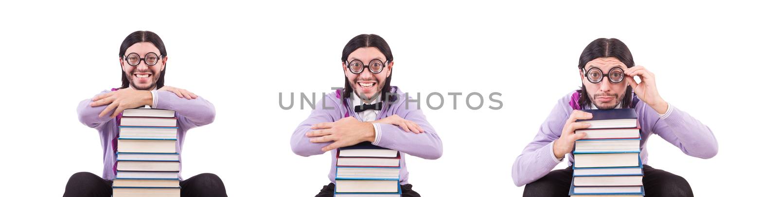 Funny student with books isolated on white