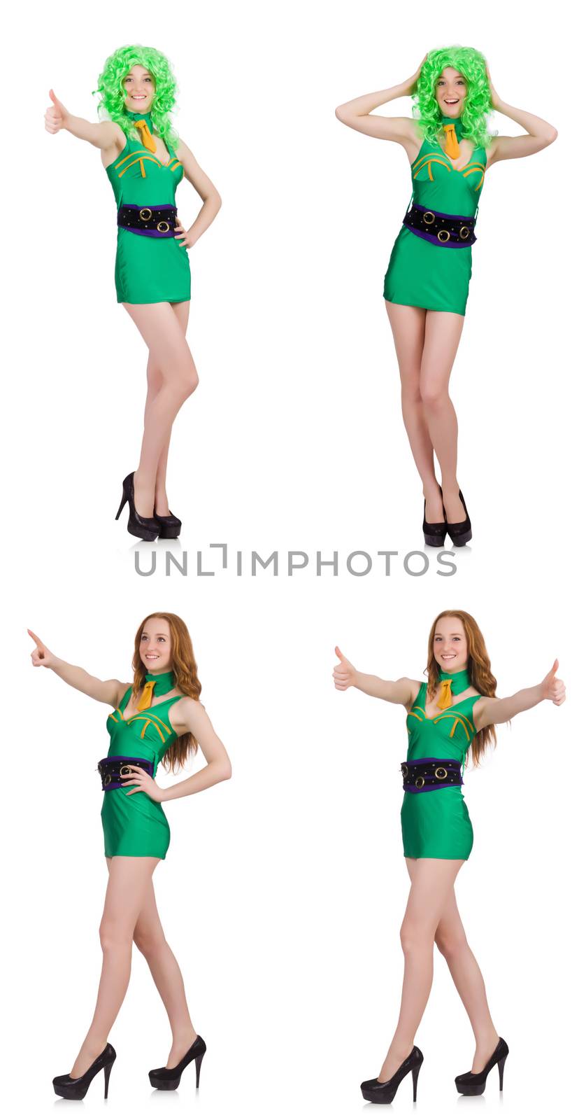 Young woman in green mini dress isolated on white