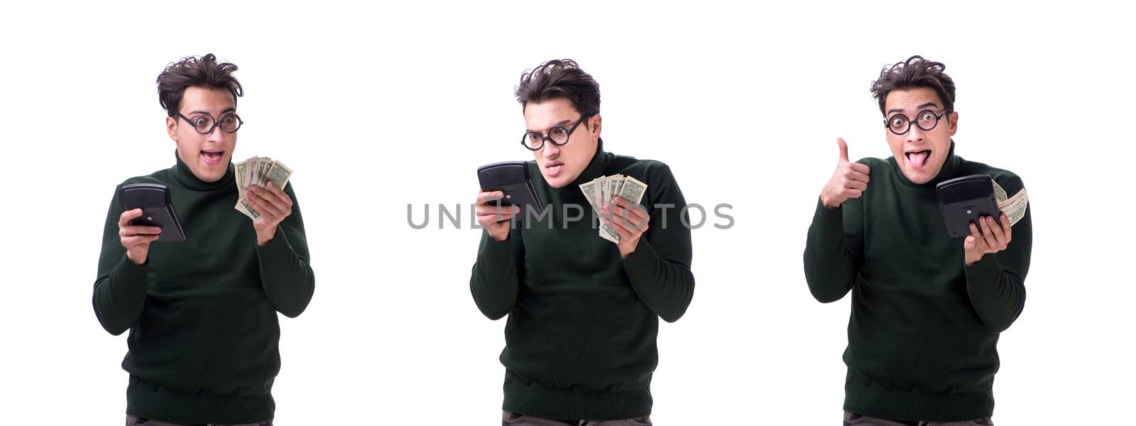 Nerd young man with calculator isolated on white by Elnur