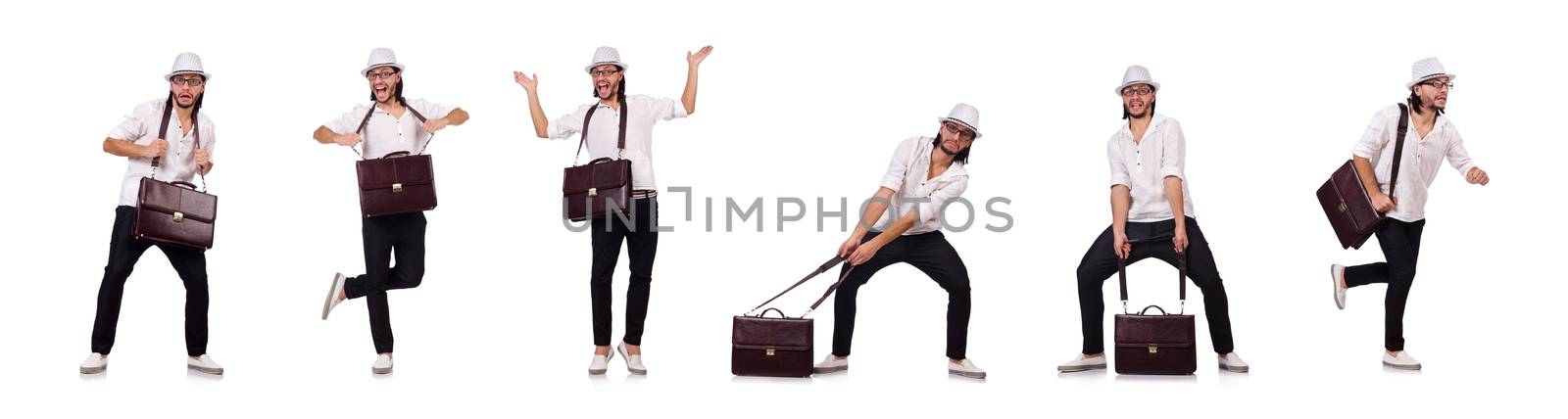 Young man with handbag and hat isolated on white