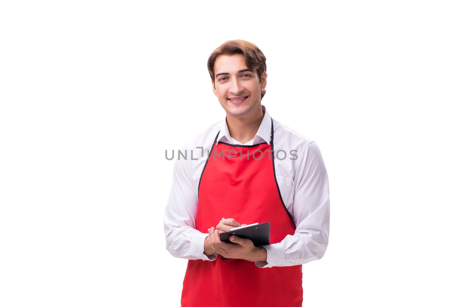Young waiter isolated on white background by Elnur