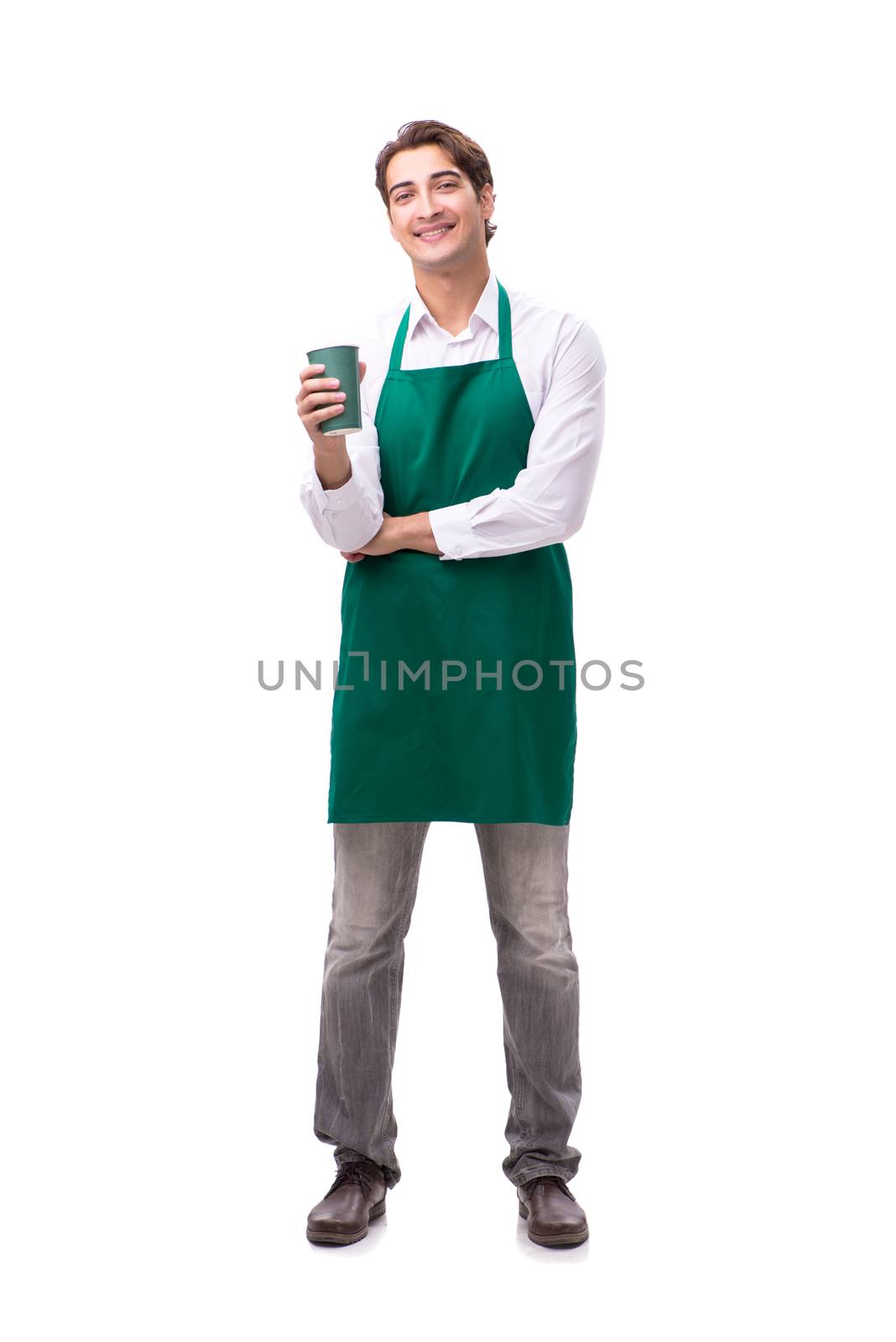 Young barista isolated on white background