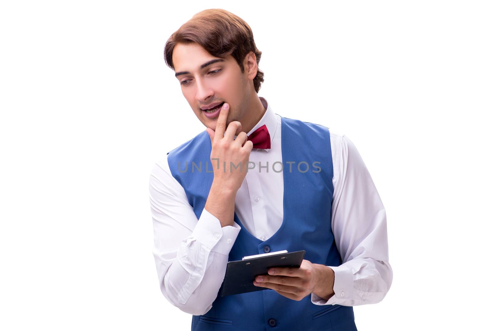 Young waiter isolated on white background