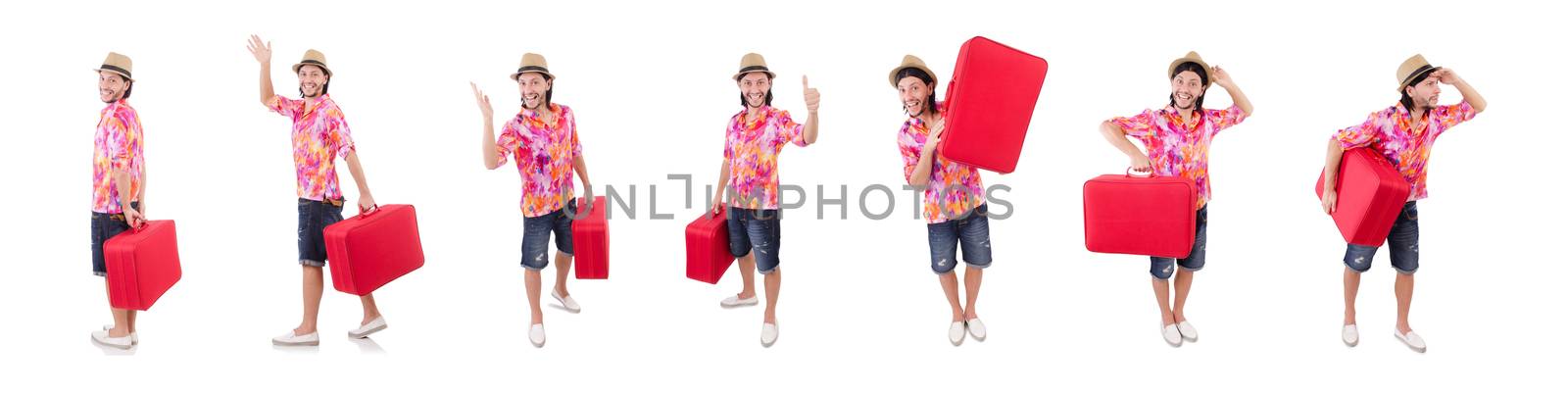 Tourist with suitcase isolated on white