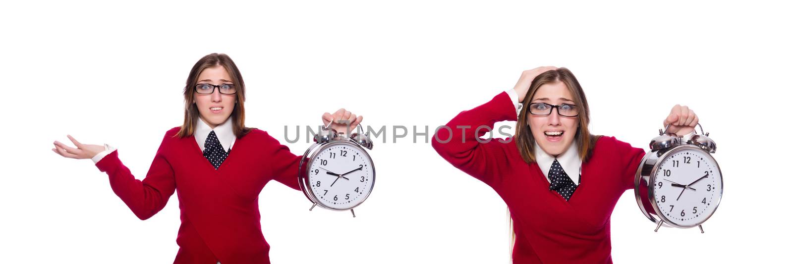 Office worker holding alarm clock isolated on white