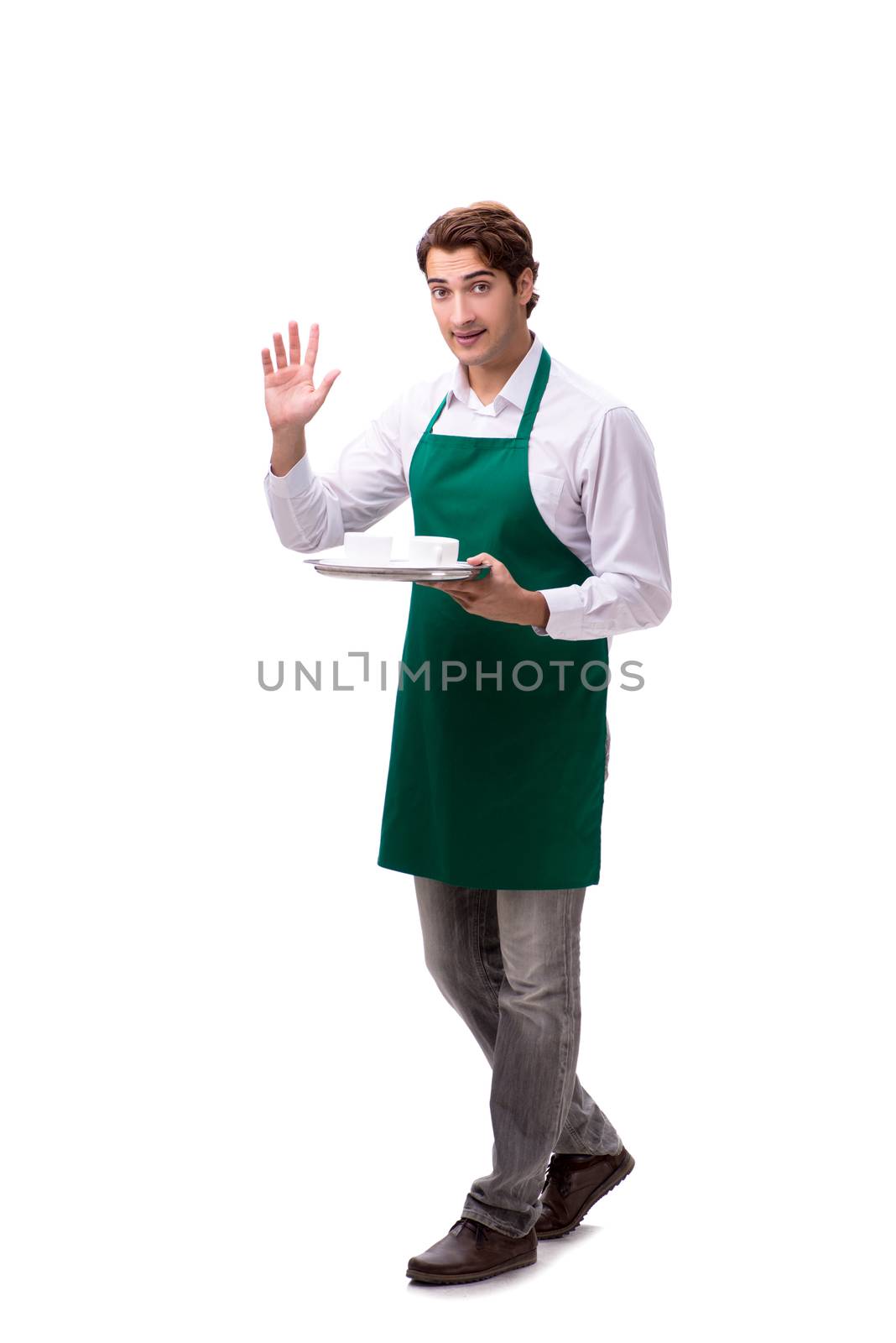 Young waiter isolated on white background